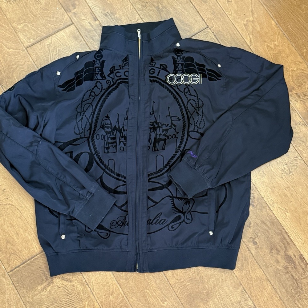COOGI Mens 3XL Black Cut Velvet Embroidered Full Zip Jacket Hip Hop Y2K